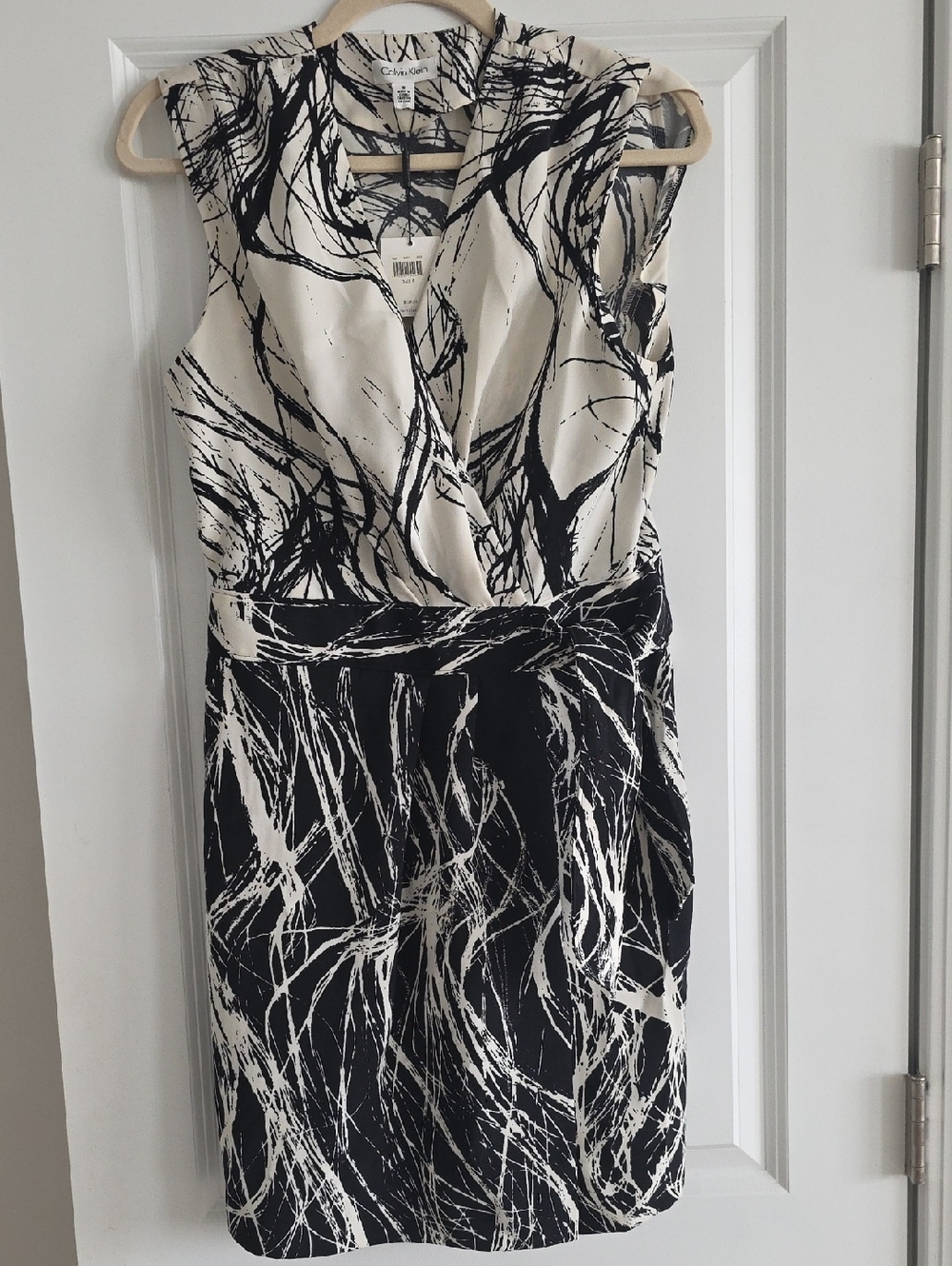 Calvin Klein Black and White Abstract Surplice Midi Dress